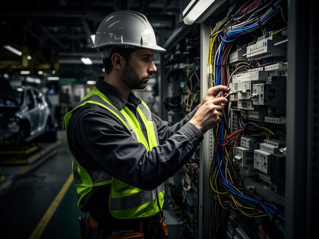 Electrician working on industrial panel